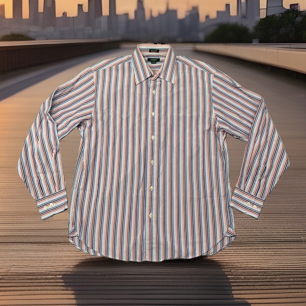 J.Crew Mens Dress Shirt M 15-15.5 100s 2-Ply Cotton Multi Color Stripe LS MINT